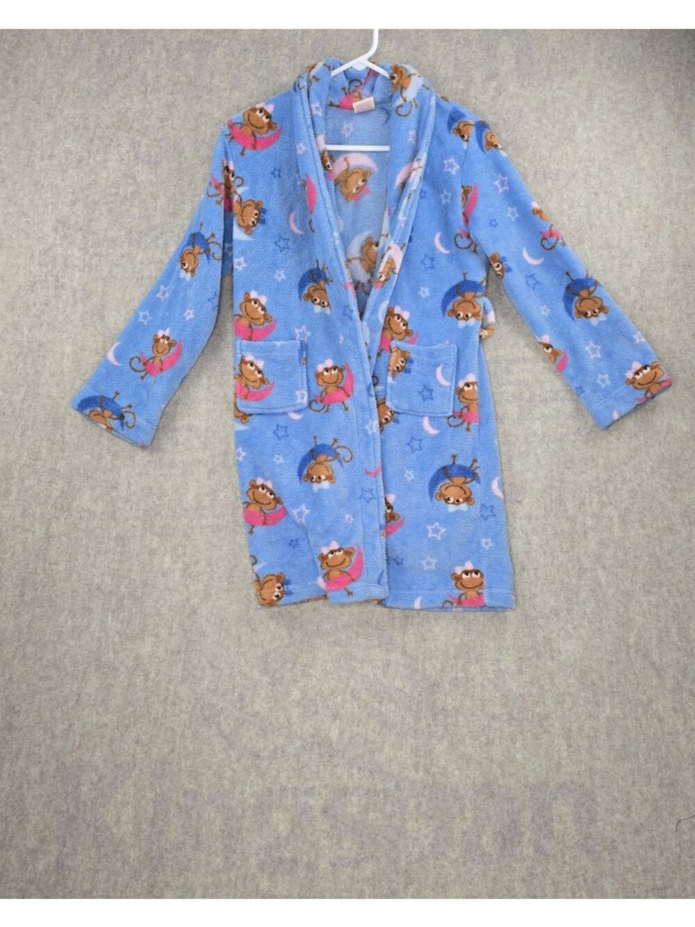 Faded Glory Girls Fleece Blue Robe Monkey Print Flame Resistant